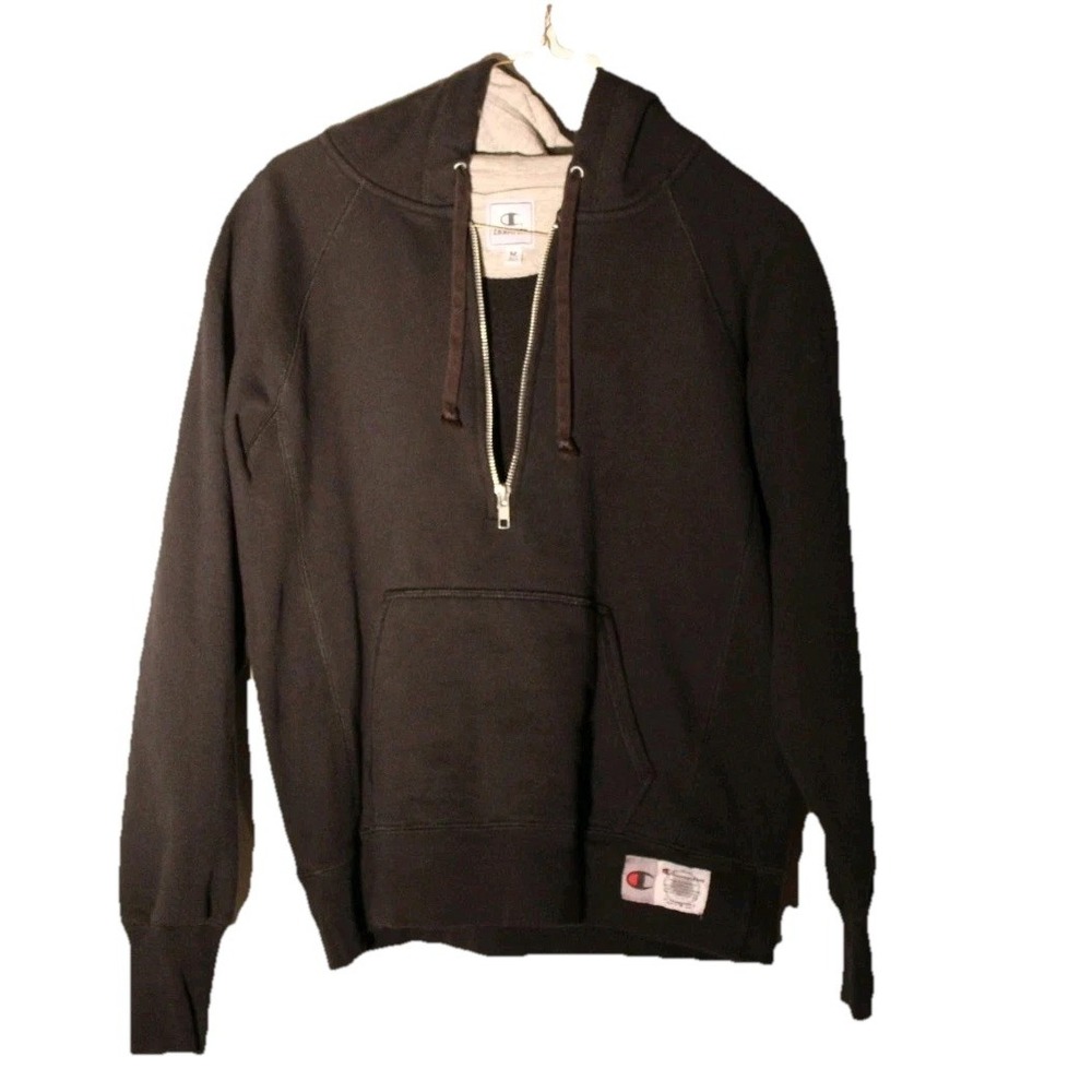 Champion Black‎ Quarter Zip Hoodie Kangaroo Pockets Gray Hood Youth Size M